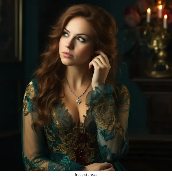 Portrait of a beautiful woman in a green dress