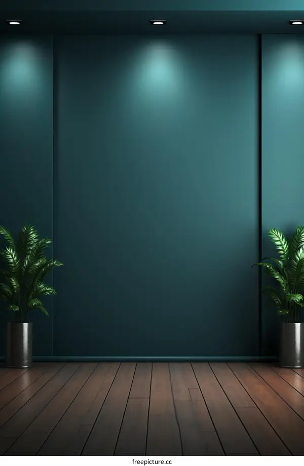 Blue wall with wooden floor and two potted plants