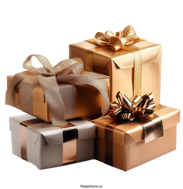 [Transparent Background PNG]Stacked Gift Boxes with Gold and Beige Ribbons