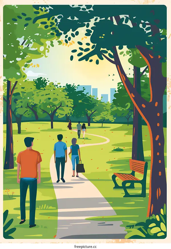 People Walking on a Path Through a Green Park