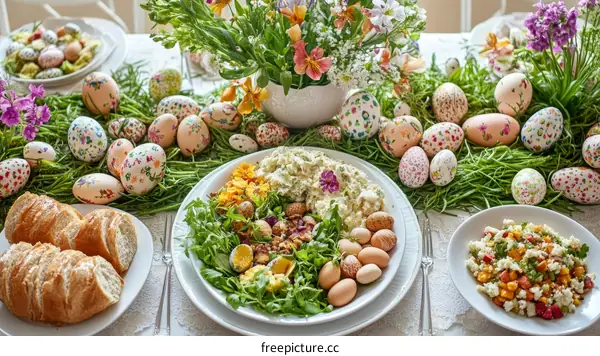 Easter Festive Table Setting with Decorated Eggs