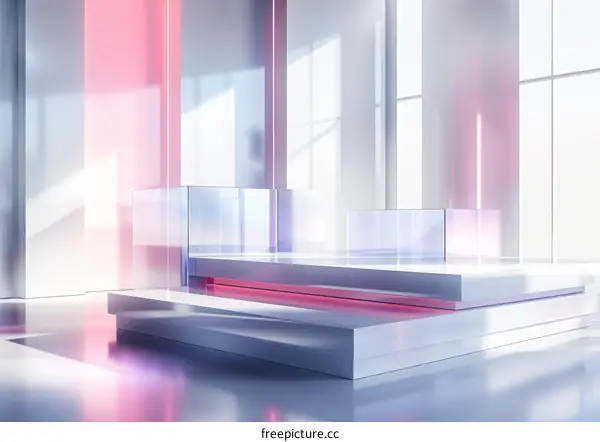 Modern Empty White Room with Podium and Pink Neon Lights