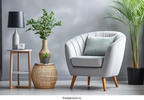 Modern minimalist living room interior with gray armchair green plant and stylish coffee table