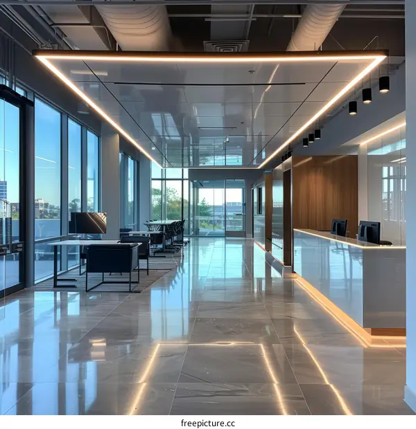Modern office lobby interior with marble floor and large windows