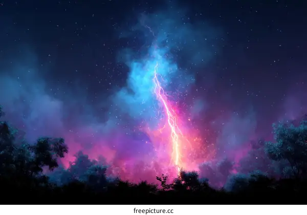 Night Sky with Lightning and Stars Over Forest