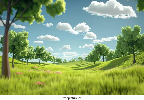 Idyllic Green Hills with Trees and Clouds