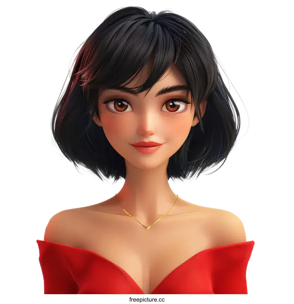 [Transparent Background PNG]Beautiful Asian Woman with Black Hair and Red Dress