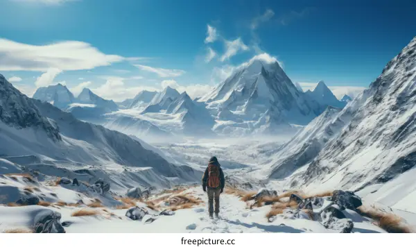 A lone hiker traverses the snow-capped mountains.