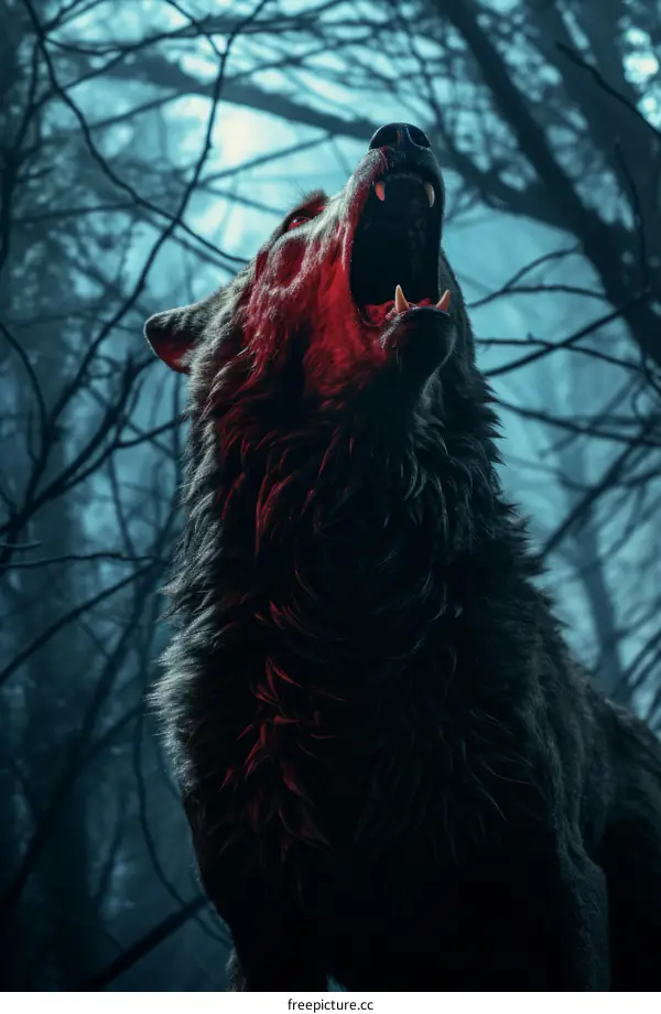 A wolf howls in the middle of a dark forest with a red glow on its fur