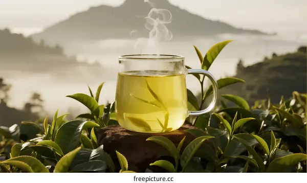 Fresh Green Tea Cup with Natural Tea Leaves in Mountain Scenery