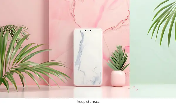 Pink And Green Background With A White Phone And Plants