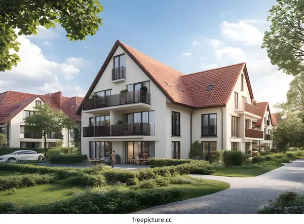 Modern White Two Story House With Balconies And Red Roof