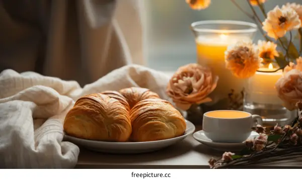 Cozy Breakfast Still Life with Croissants, Flowers, and Tea