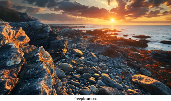 Rocky Coastline at Sunset with Golden Light