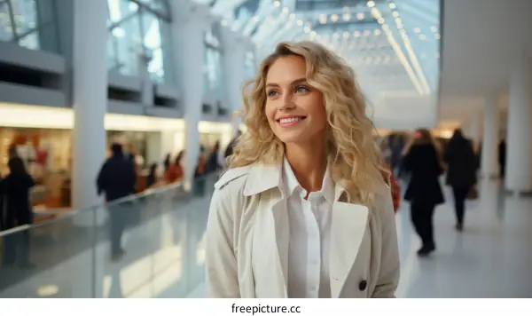 Smiling Blonde Woman in White Coat in Bright Hallway