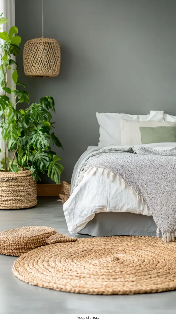 Cozy Bedroom Interior with Natural Woven Rug