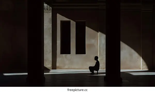Silhouette of a Person Sitting in the Sunlight at the Foot of a Column