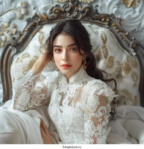 A young woman in a white dress is sitting on a chair.