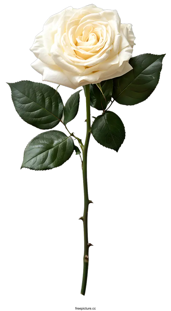 [Transparent Background PNG]Single White Rose with Green Leaves on a White Background