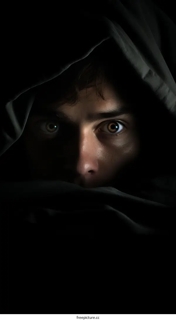 man in shadows with eyes wide open