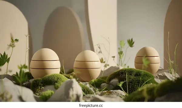 Wooden Eggs on Moss and Rocks With Minimalist Background