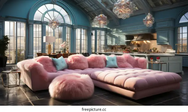 pink and blue living room interior design
