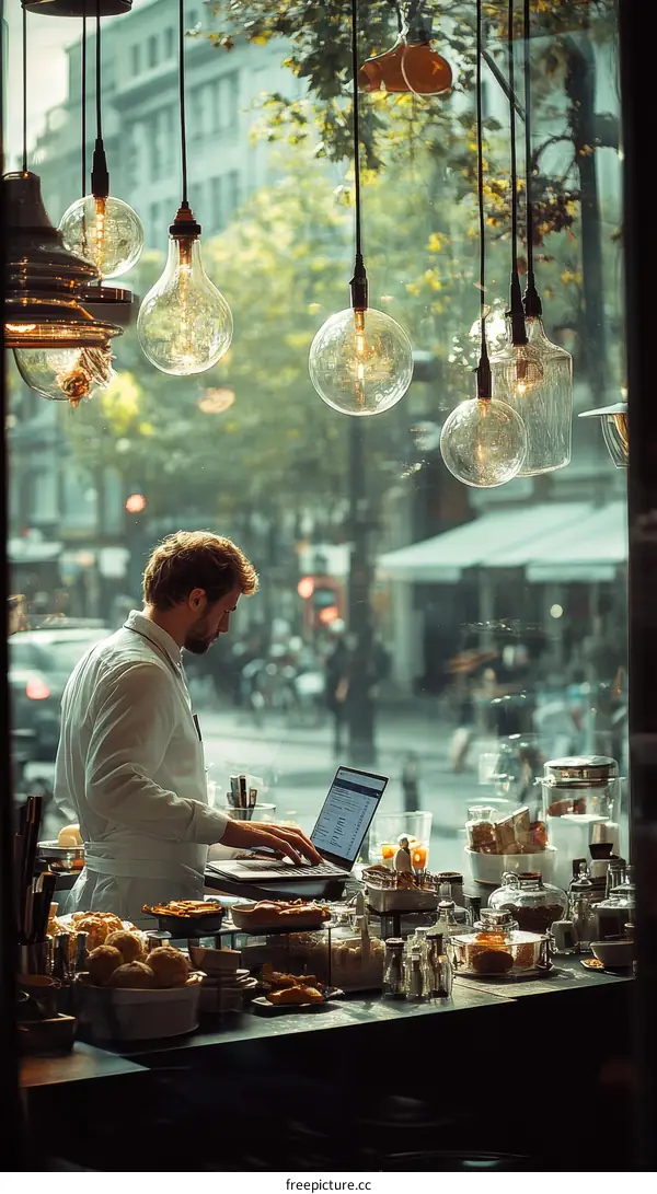 Cafe Worker Working on Laptop  in Parisian Cafe
