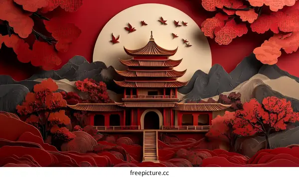 Paper Cut Chinese Architecture Scene under the Moon