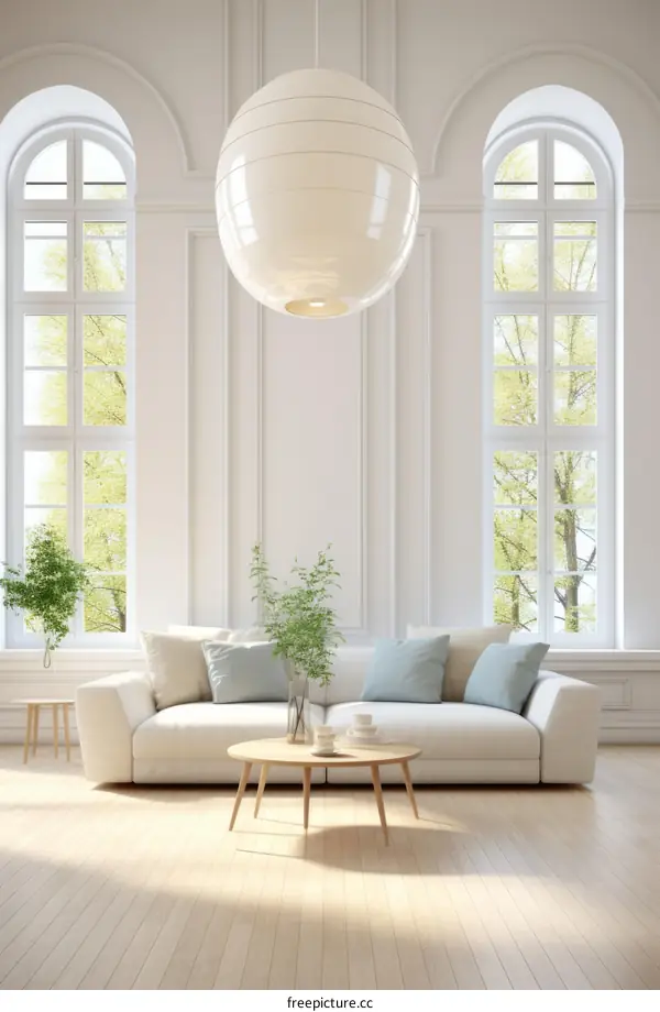 Elegant living room interior with white sofa and large windows
