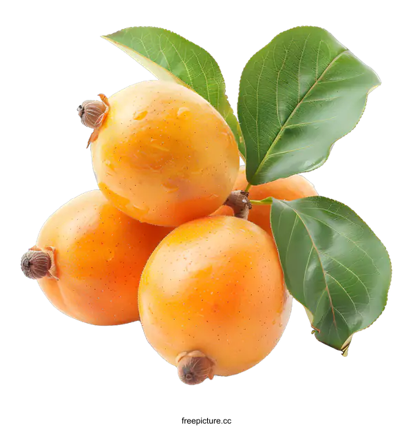[Transparent Background PNG]Four loquats with green leaves