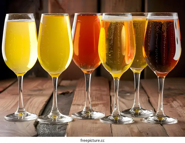 Assortment Of Craft Beers In Glasses On Wooden Table