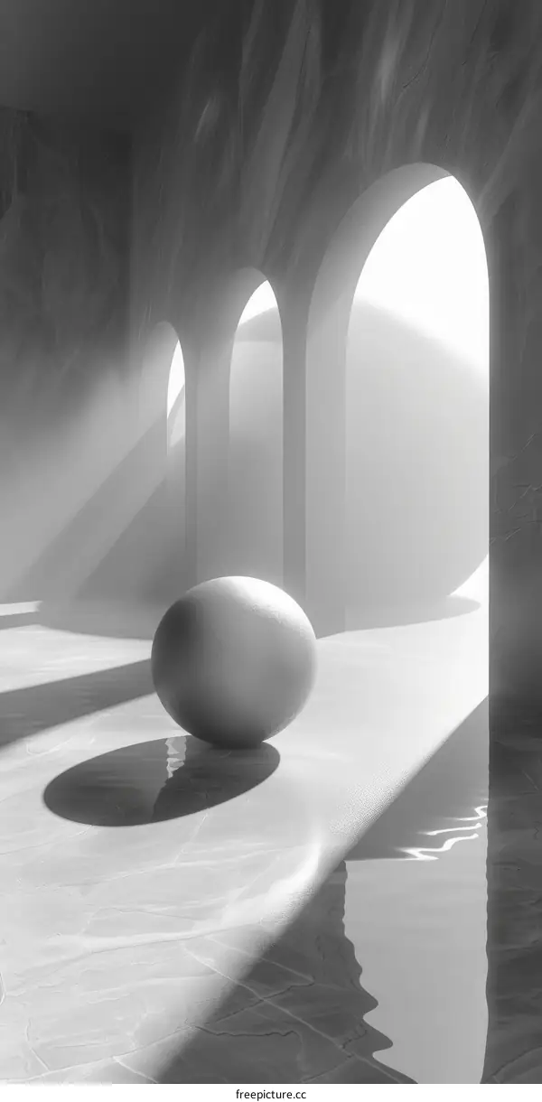 3D rendering of a sphere in a surreal hallway