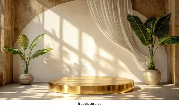 Golden Round Display Podium with Plants