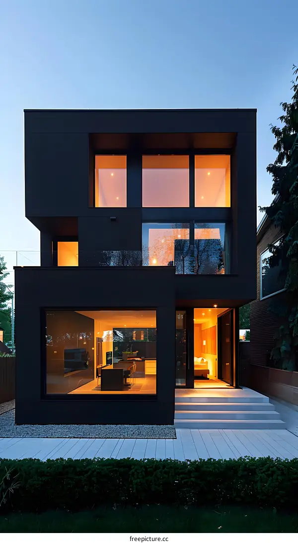 Modern Black House with Large Windows and a Patio