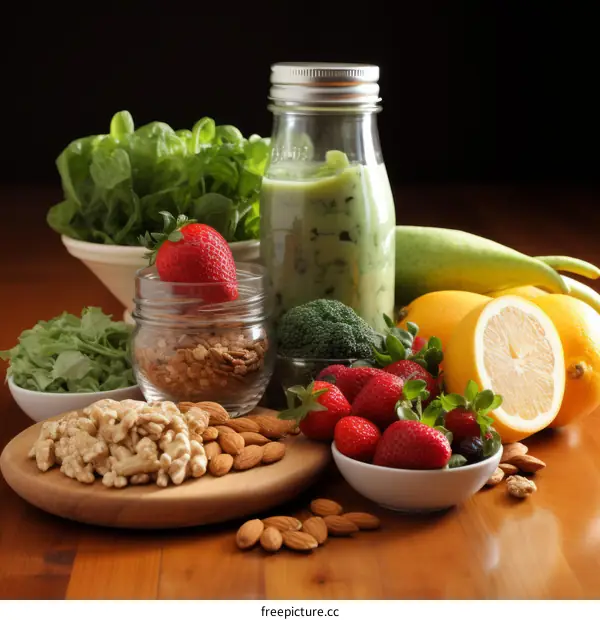 Healthy Food Variety: Fruits, Vegetables, Nuts, & Green Smoothie