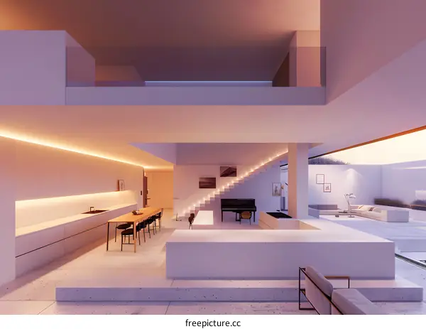 Modern Open Plan Interior Design with Staircase and Large Windows