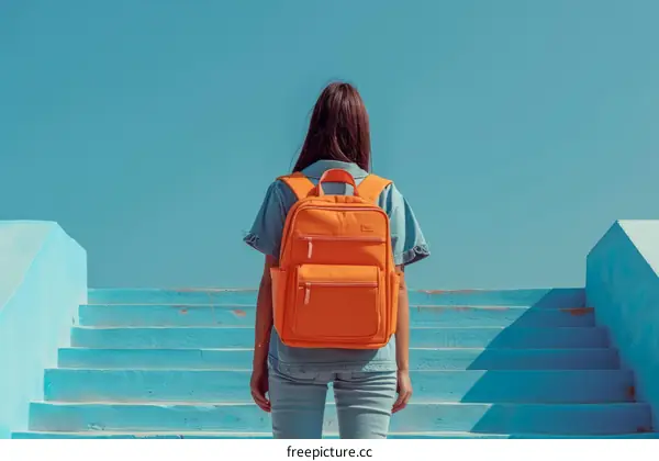 A woman with an orange backpack is standing on a blue staircase