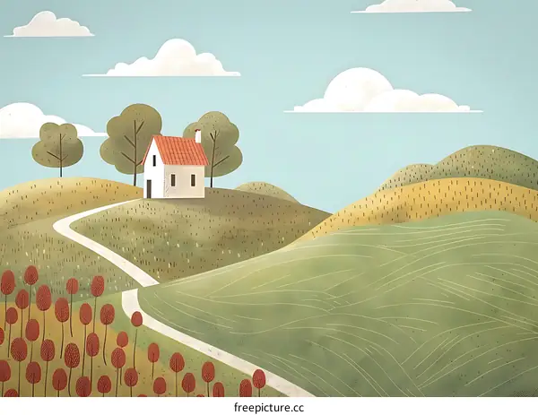 Cute Illustration of Countryside Landscape with House