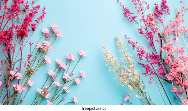 Pink and White Flowers on Blue Background