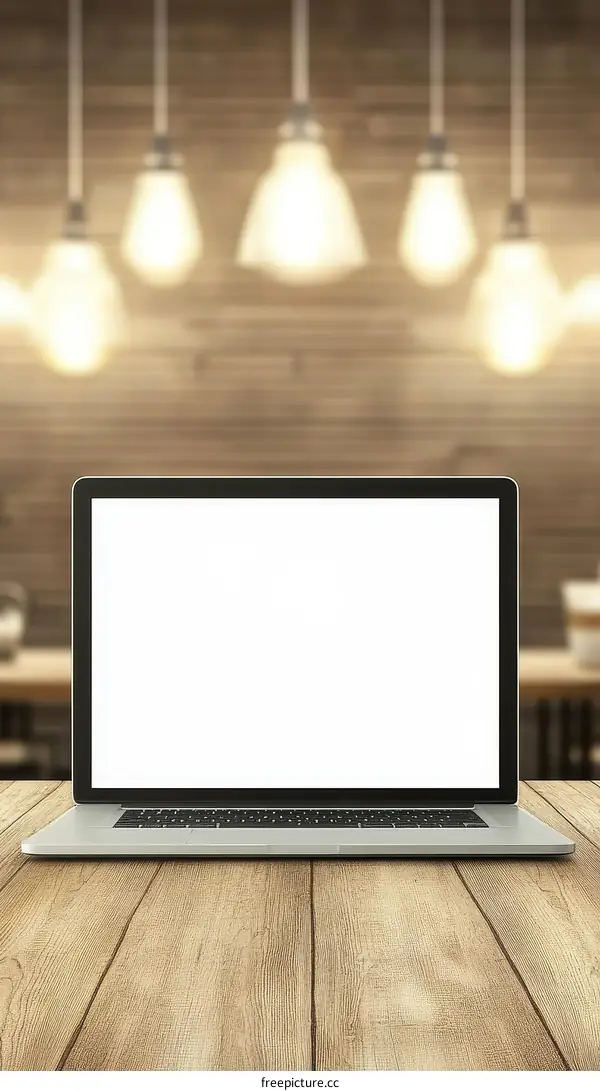 Laptop on Wooden Table with Warm Lighting