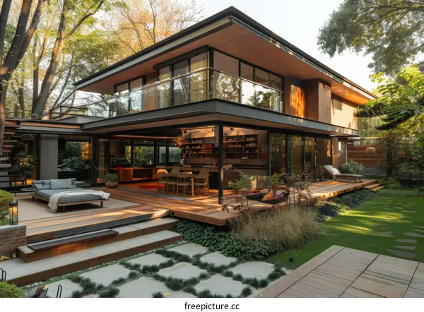 Modern House Exterior Design with Large Glass Windows and Wooden Deck