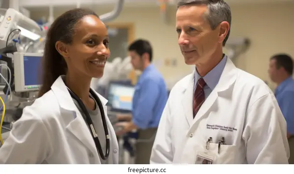 Two doctors are talking in a hospital.