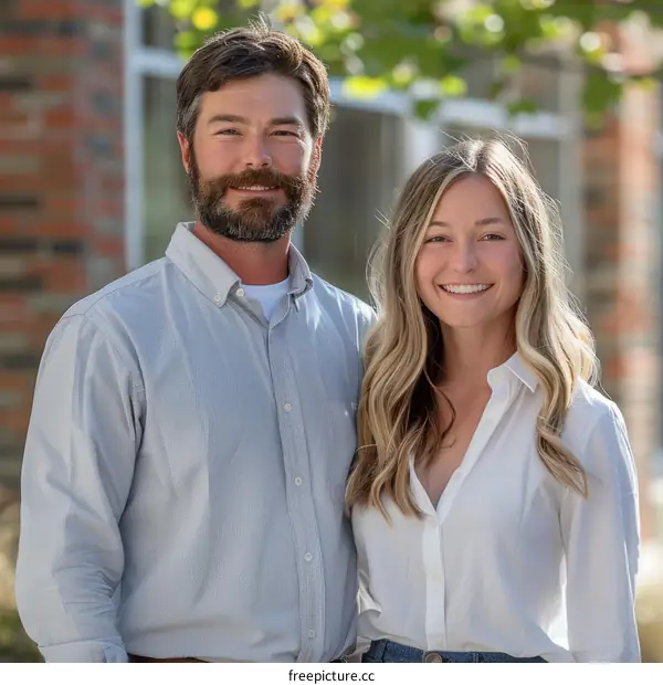 A man and a woman standing close to each other and smiling at the camera