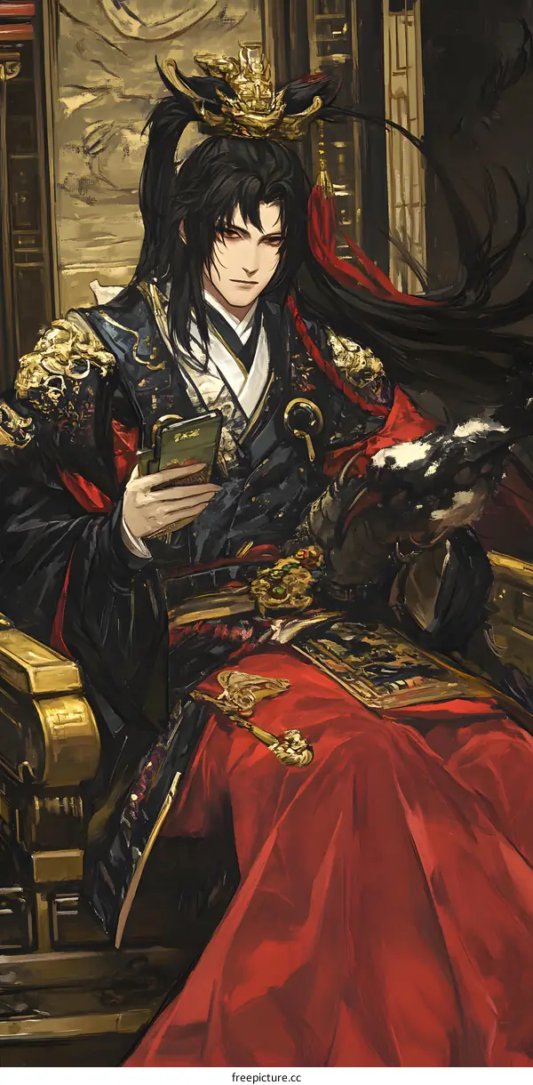Man in Traditional Chinese Clothing Sitting on a Throne Holding a Phone
