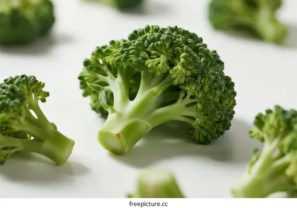 Fresh Green Broccoli Florets Arranged on White Background