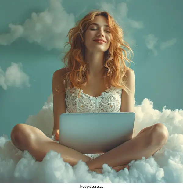 Redheaded Young Woman Using Laptop on Clouds