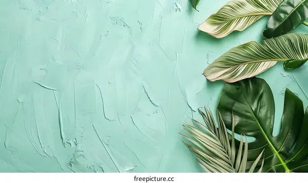 Green Tropical Leaves on a Light Green Background