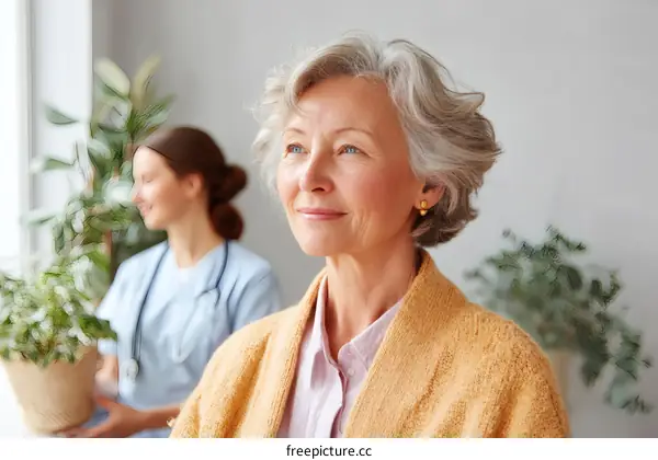 Elderly Woman with a caregiver in a medical setting
