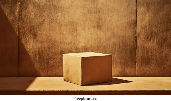 Minimalist Brown Cube Platform Against Textured Wall