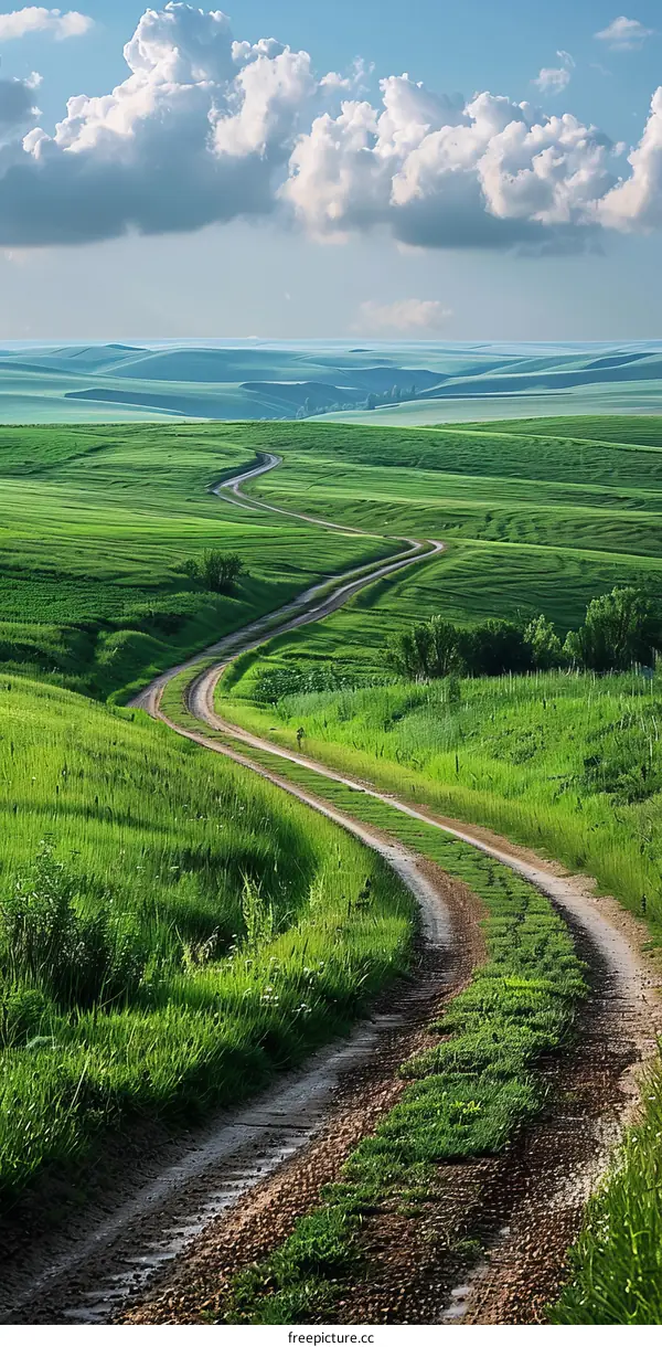 Winding Road Through Green Fields